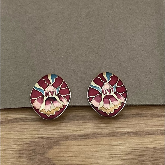 Vintage Cloisonne Oval Clip On Earrings Floral Flower Red -Pink -Green Gold Tone - Picture 2 of 7